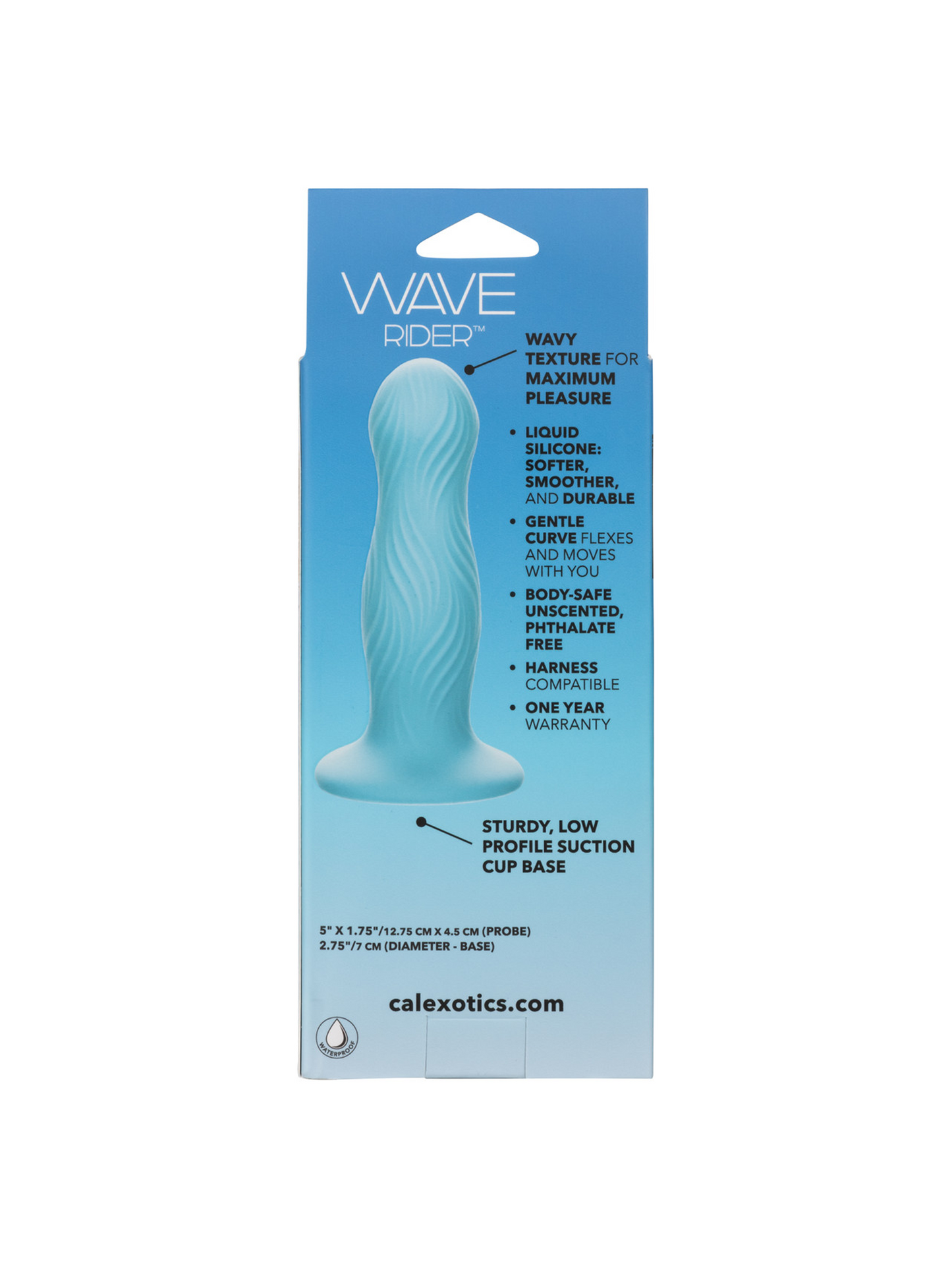 Blue Wave Rider silicone dildo packaging with text on a white background