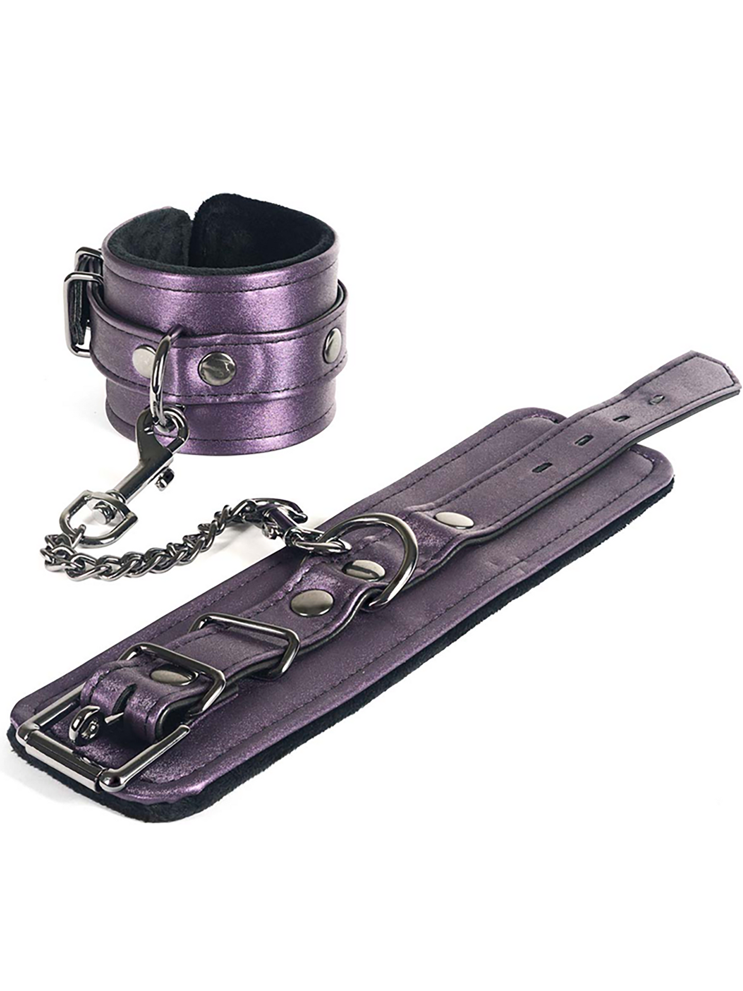 shiny purple PU vegan restraint with padded black interior and short metal chain
