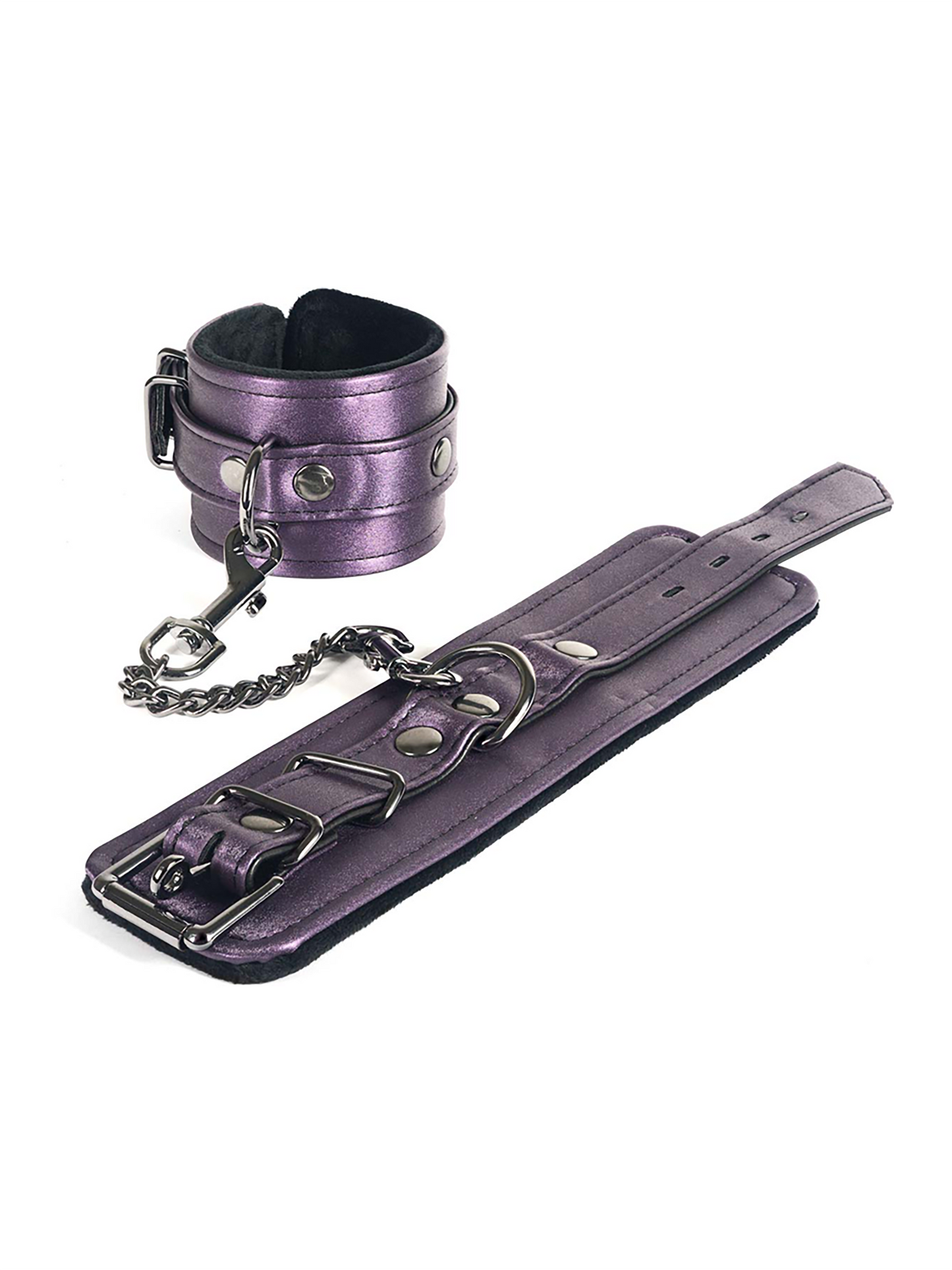 Shiny purple polyurethane restraints with black hardware and short connector chain