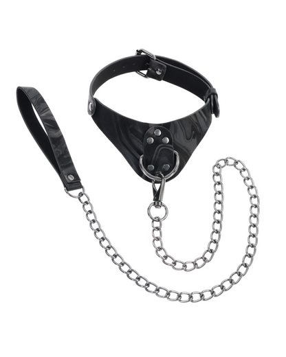 Black collar with grey swirl design and leash