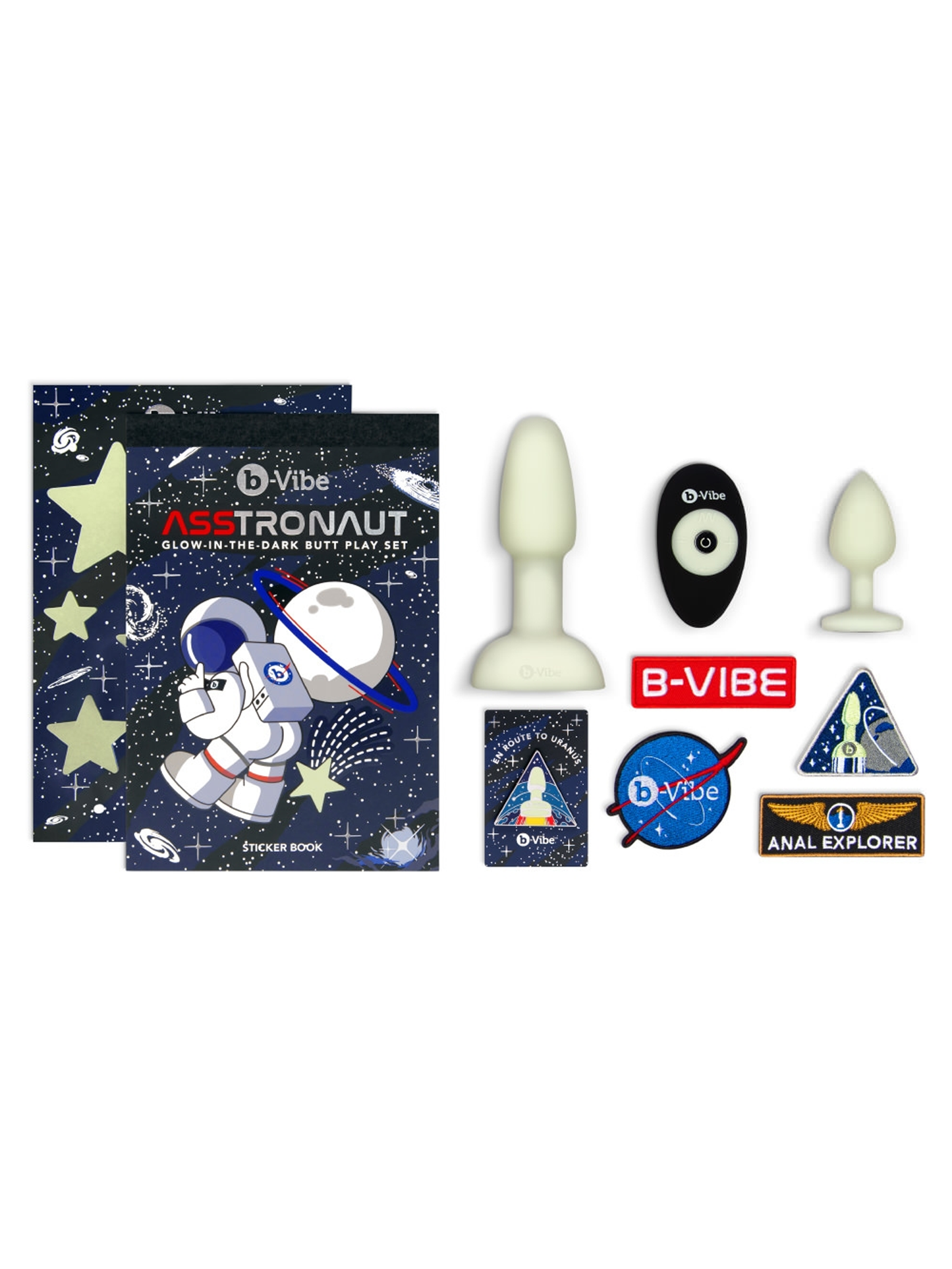 B-Vibe Asstronaut Glowing Butt Play Set complete contents