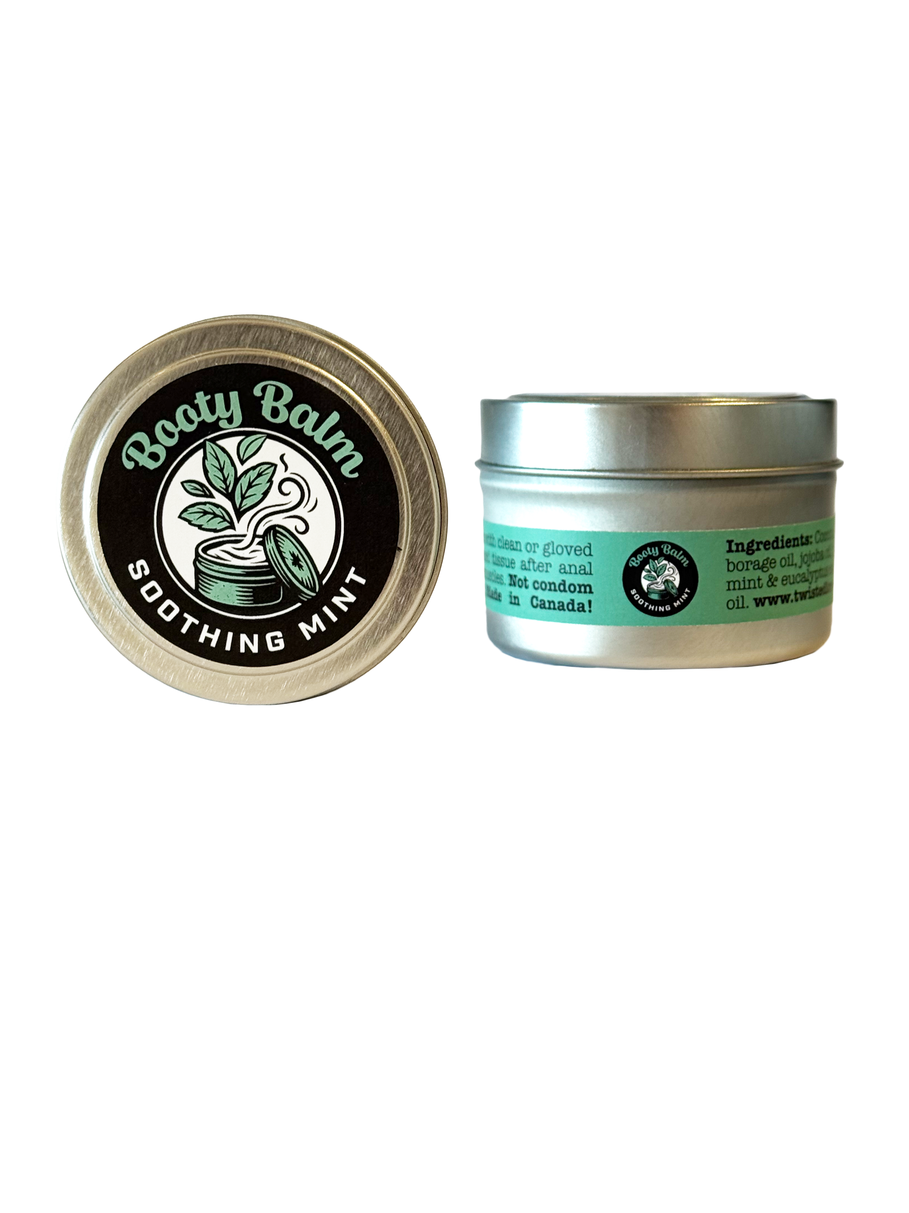 Booty Balm Soothing Mint in metal tin with black label