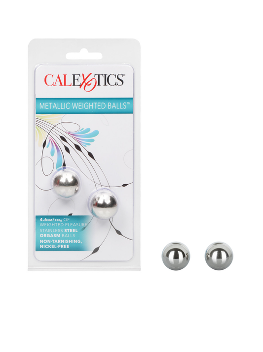 Metallic weighted balls with packaging labeled 'Calexotics' on a white background