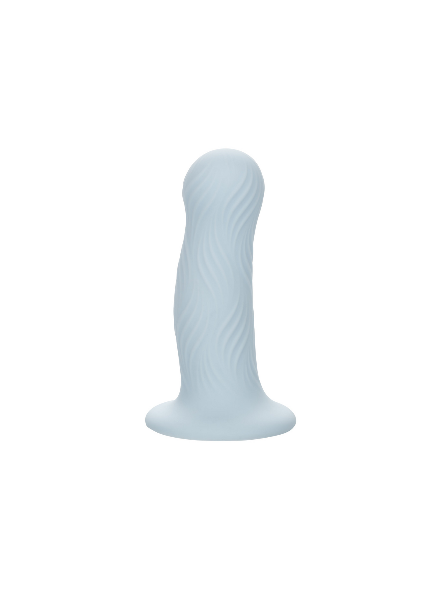 CalExotics Wave Rider Foam Dildo in light frost blue with vertical ridged texture on a white background.