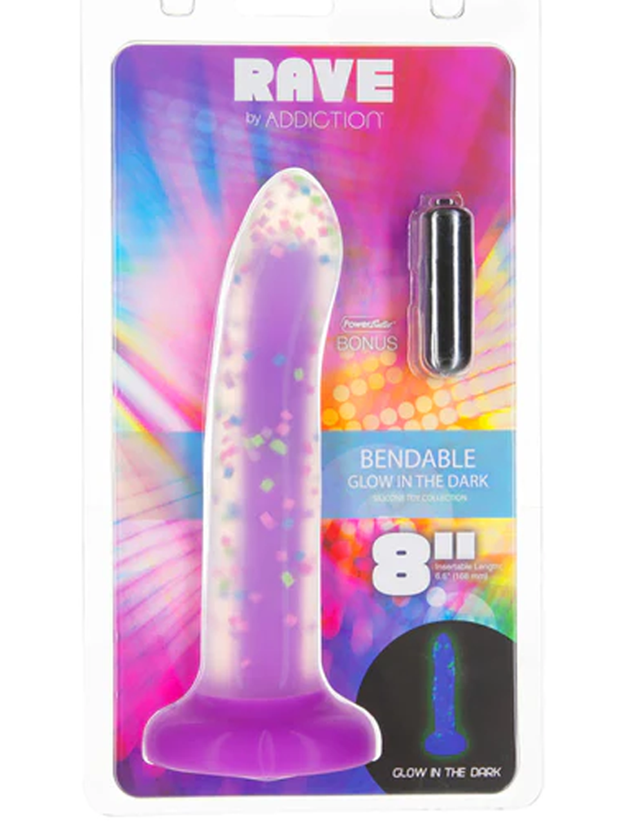 Rave Posable Confetti Dildo in Packaging with free mini vibe