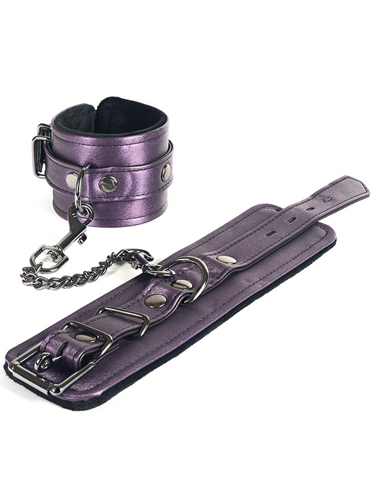 shiny purple PU vegan restraint with padded black interior and short metal chain