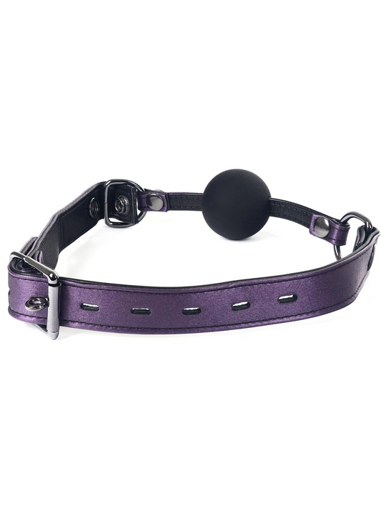 purple vegan strap with removable black silicone ball gag
