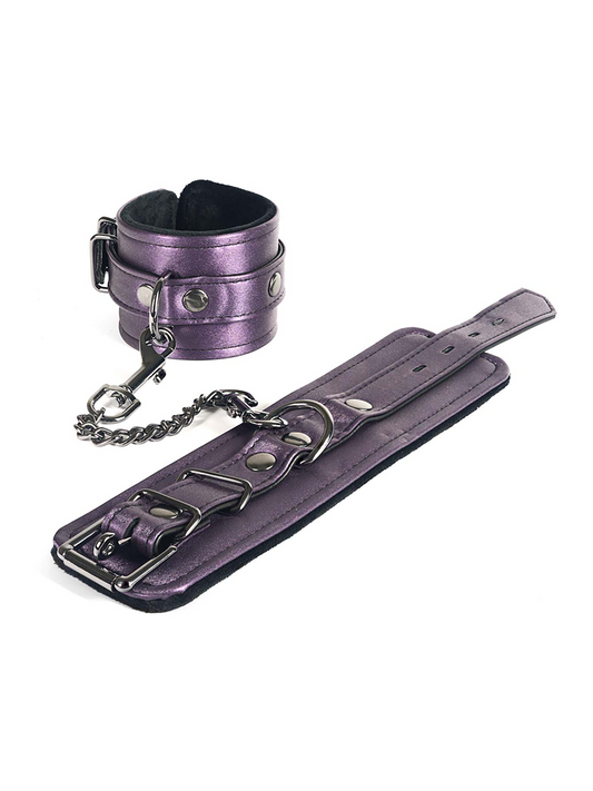 Shiny purple polyurethane restraints with black hardware and short connector chain
