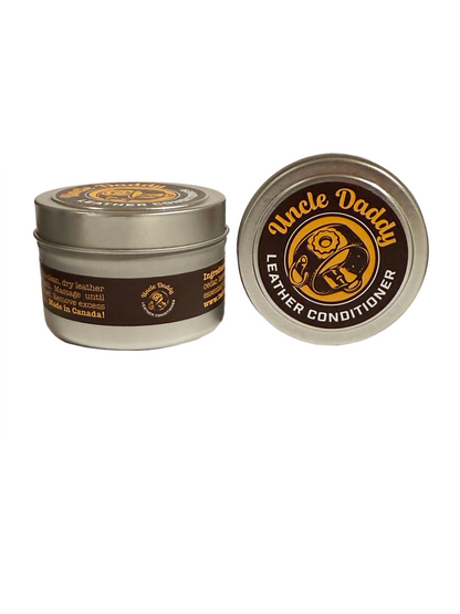 Uncle Daddy Leather Conditioner in tin with brown label and gear logo