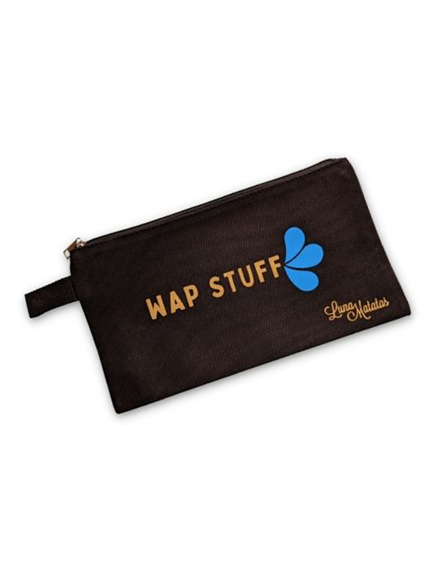 Luna Matatas Toy Bag: WAP Stuff - Black Bag, Gold Writing, Blue water drops