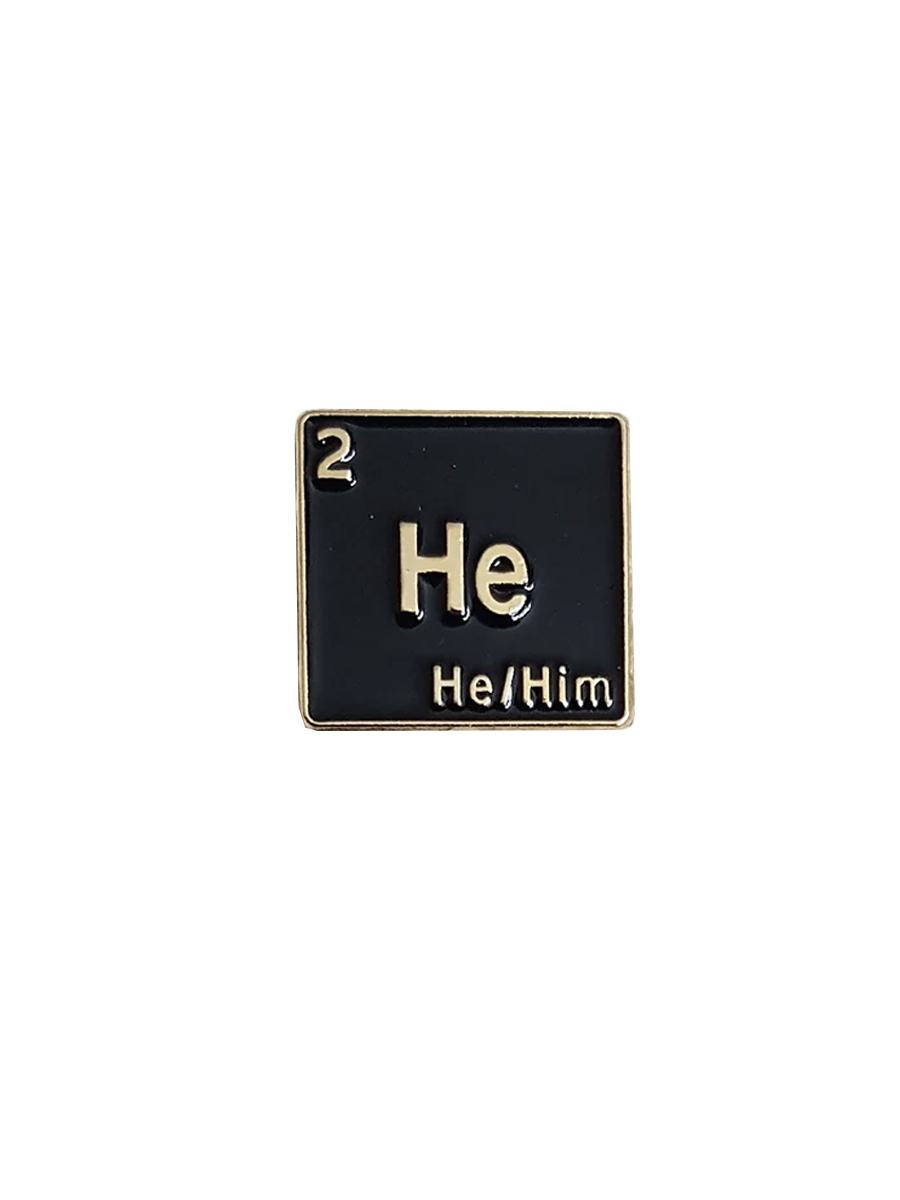 Queer Chemistry He/Him Pronoun Pin Detail