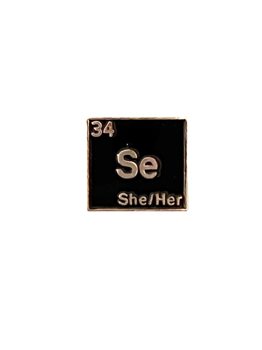 Queer Chemistry She/Her Pronoun Pin Detail