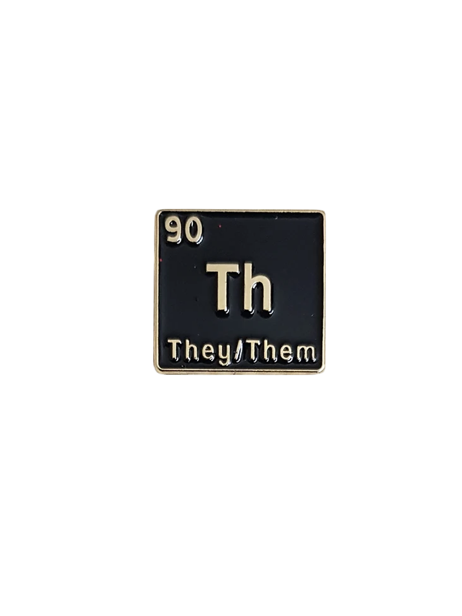 Queer Chemistry They/Them Pronoun Pin Detail